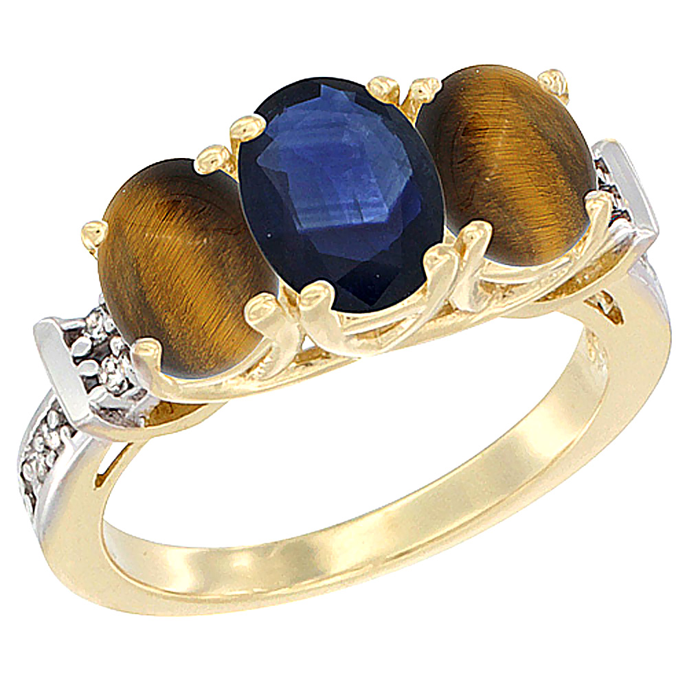 14K Yellow Gold Natural Blue Sapphire &amp; Tiger Eye Sides Ring 3-Stone Oval Diamond Accent, sizes 5 - 10