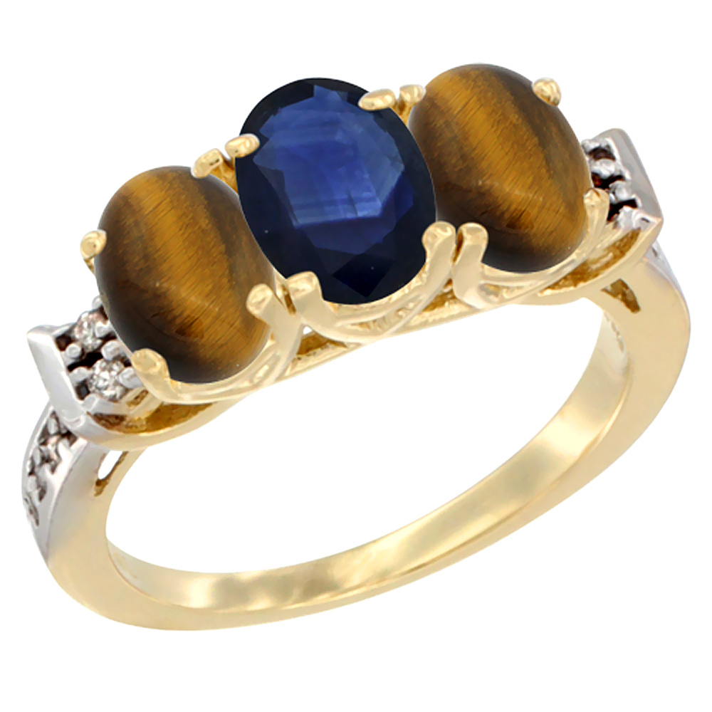 14K Yellow Gold Natural Blue Sapphire & Tiger Eye Sides Ring 3-Stone Oval 7x5 mm Diamond Accent, sizes 5 - 10