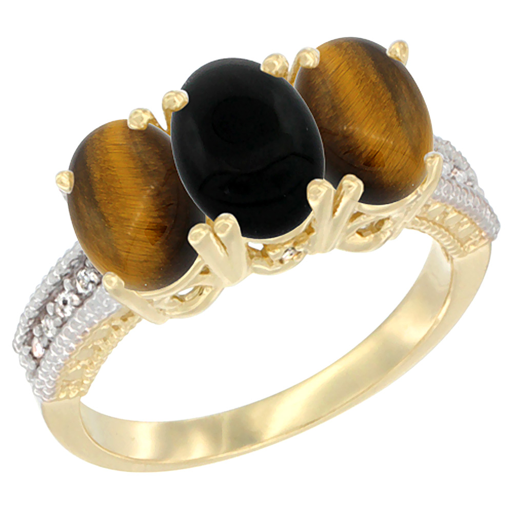 14K Yellow Gold Natural Black Onyx & Tiger Eye Sides Ring 3-Stone 7x5 mm Oval Diamond Accent, sizes 5 - 10