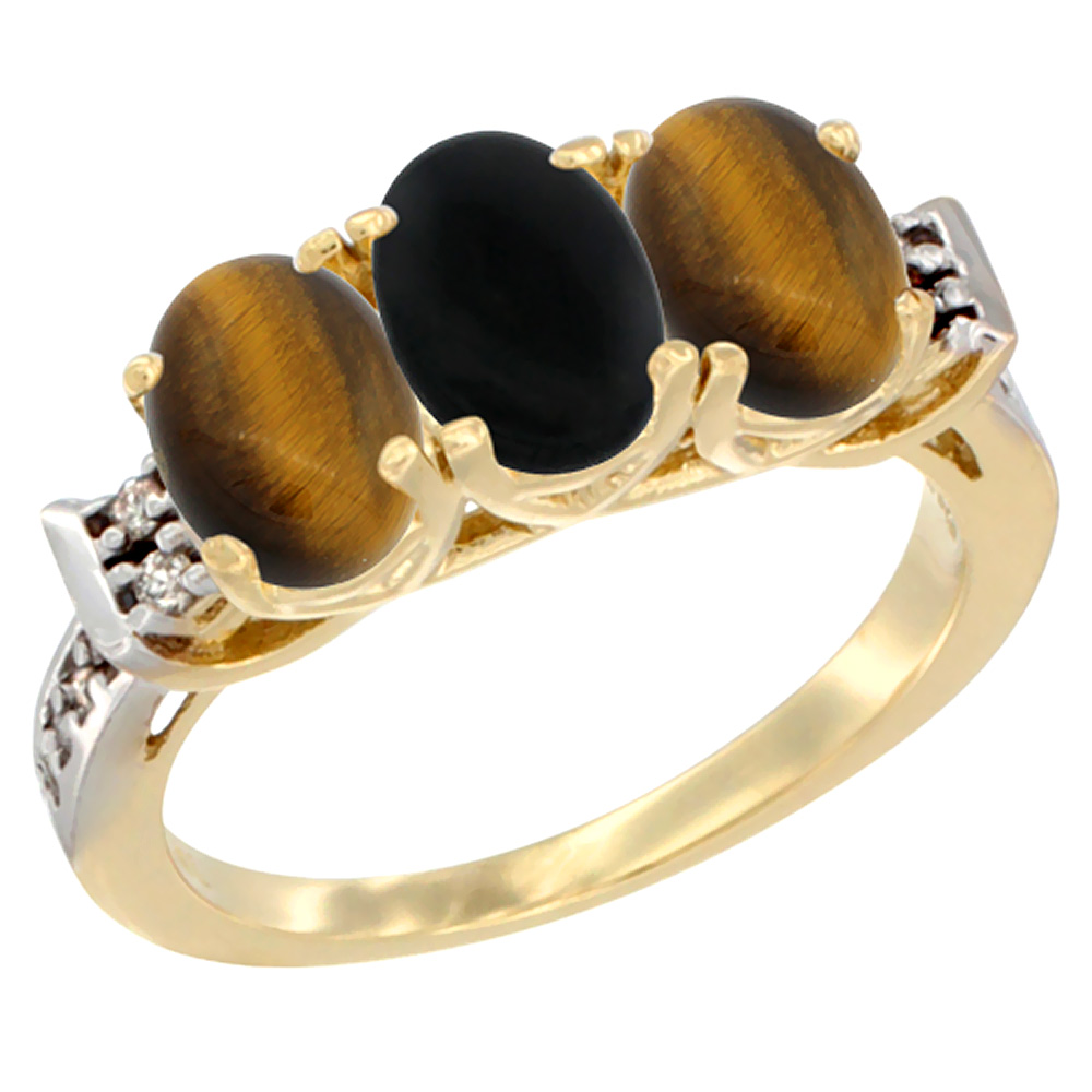 10K Yellow Gold Natural Black Onyx & Tiger Eye Sides Ring 3-Stone Oval 7x5 mm Diamond Accent, sizes 5 - 10