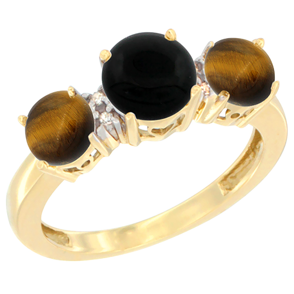 10K Yellow Gold Round 3-Stone Natural Black Onyx Ring & Tiger Eye Sides Diamond Accent, sizes 5 - 10