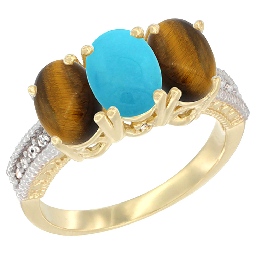 14K Yellow Gold Natural Turquoise &amp; Tiger Eye Sides Ring 3-Stone 7x5 mm Oval Diamond Accent, sizes 5 - 10