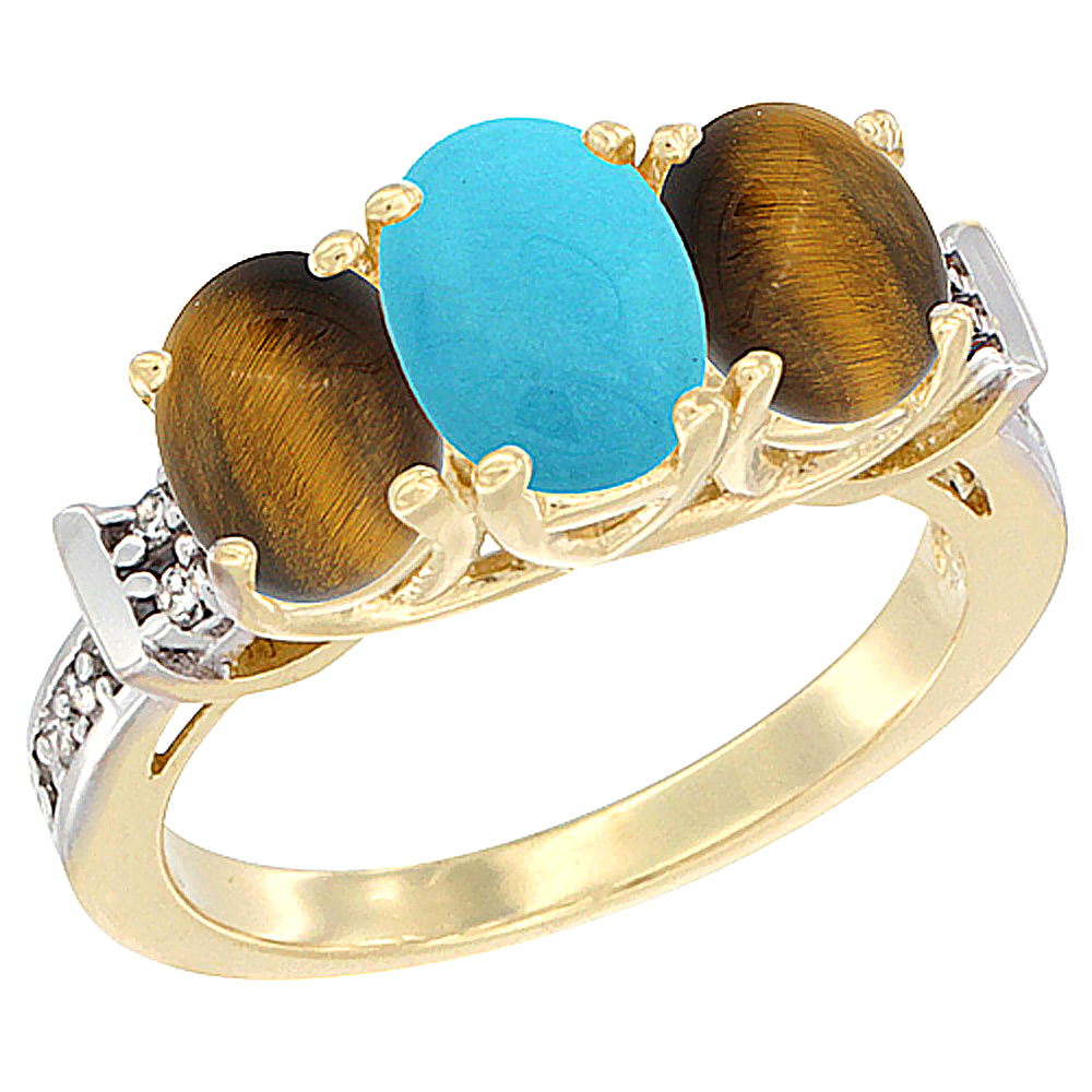10K Yellow Gold Natural Turquoise & Tiger Eye Sides Ring 3-Stone Oval Diamond Accent, sizes 5 - 10