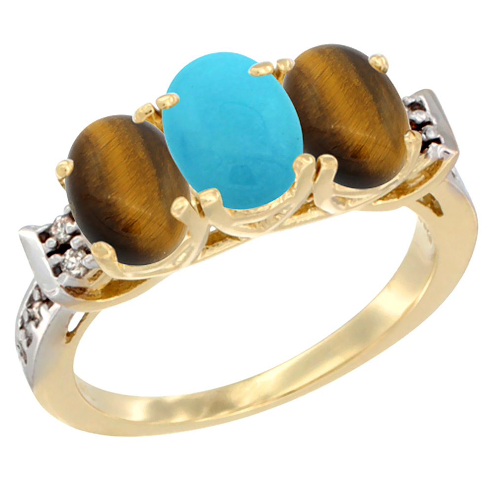14K Yellow Gold Natural Turquoise &amp; Tiger Eye Sides Ring 3-Stone Oval 7x5 mm Diamond Accent, sizes 5 - 10