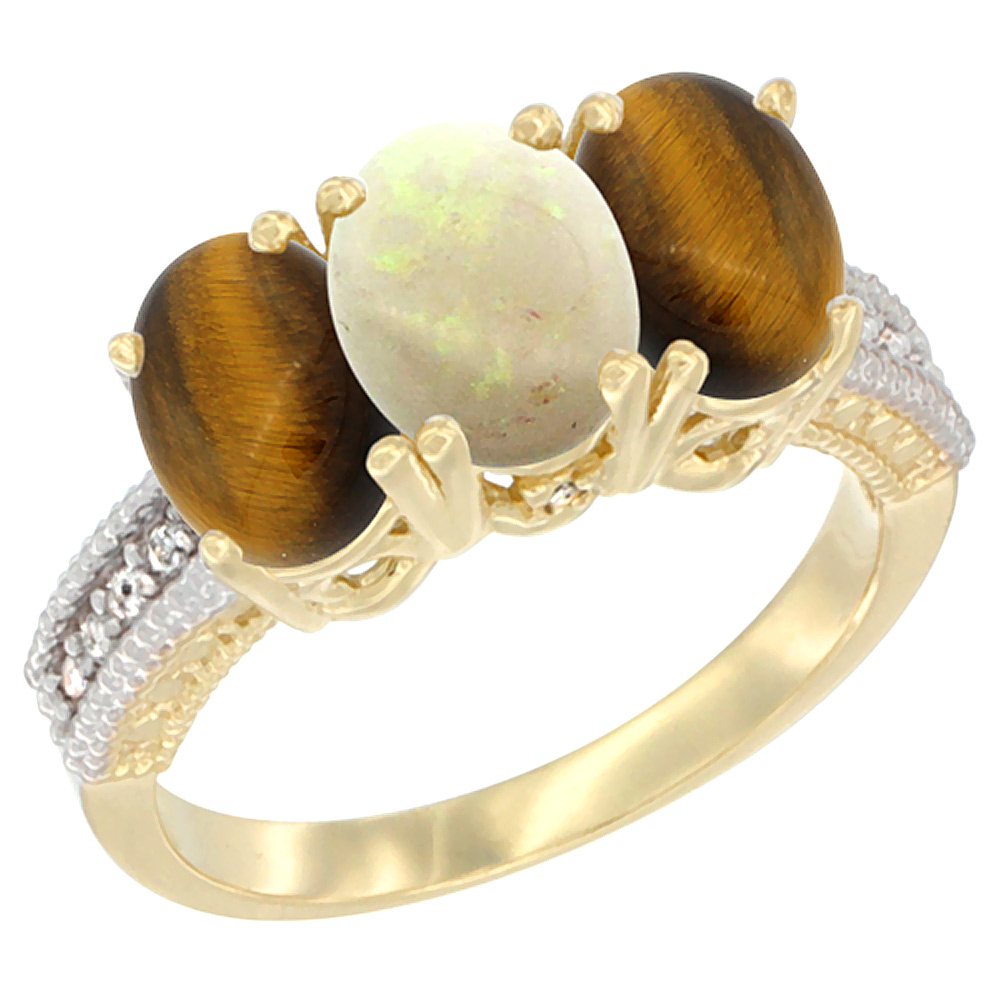 14K Yellow Gold Natural Opal &amp; Tiger Eye Sides Ring 3-Stone 7x5 mm Oval Diamond Accent, sizes 5 - 10