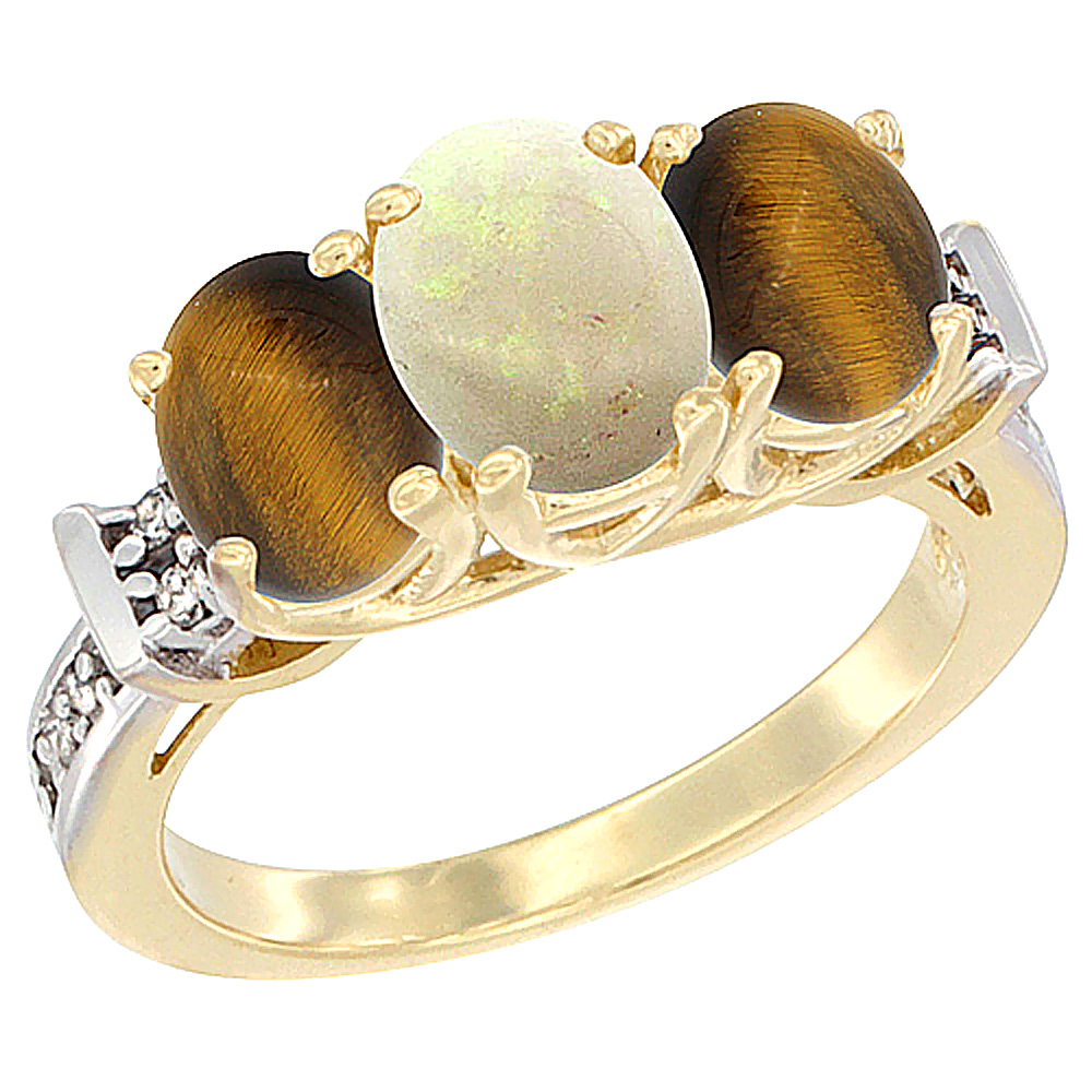 14K Yellow Gold Natural Opal &amp; Tiger Eye Sides Ring 3-Stone Oval Diamond Accent, sizes 5 - 10