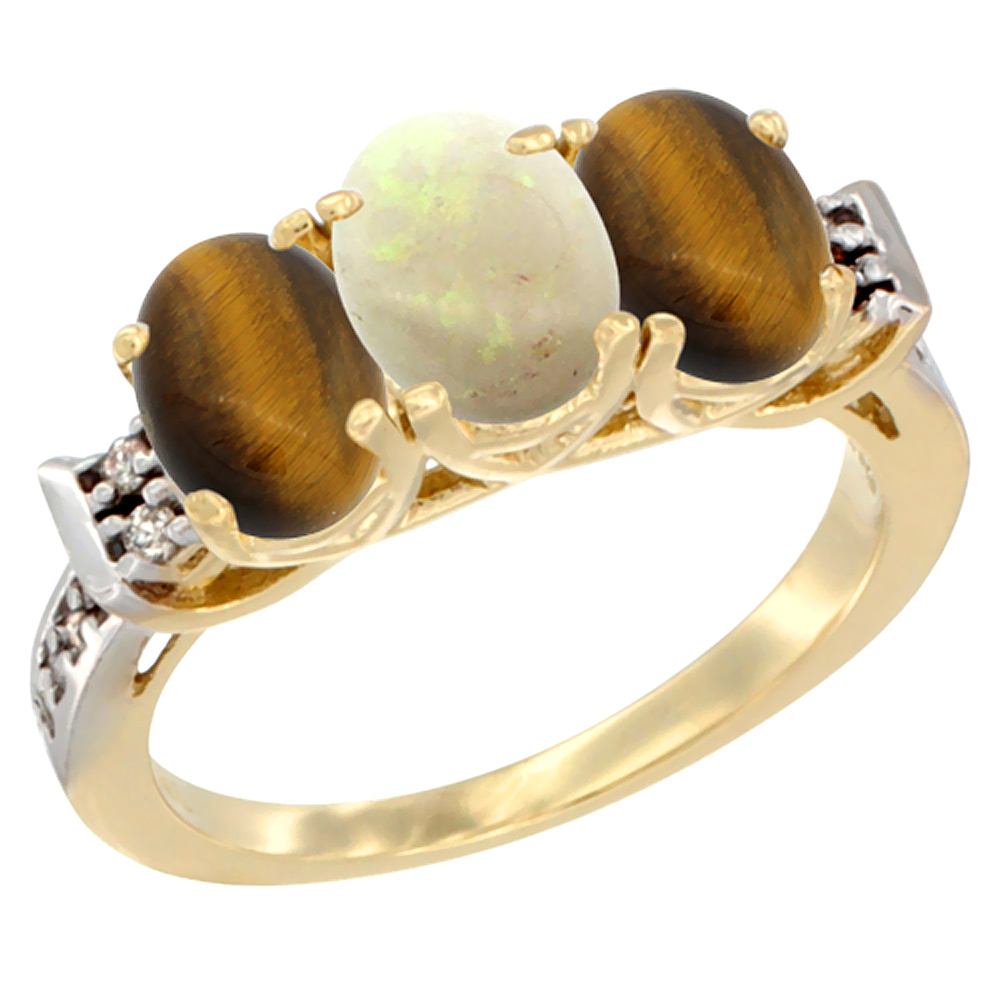 14K Yellow Gold Natural Opal &amp; Tiger Eye Sides Ring 3-Stone Oval 7x5 mm Diamond Accent, sizes 5 - 10