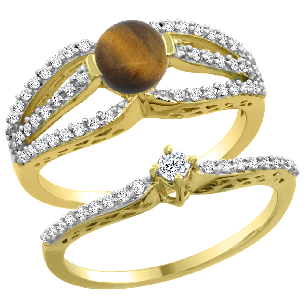 14K Yellow Gold Natural Tiger Eye 2-piece Engagement Ring Set Round 5mm, sizes 5 - 10