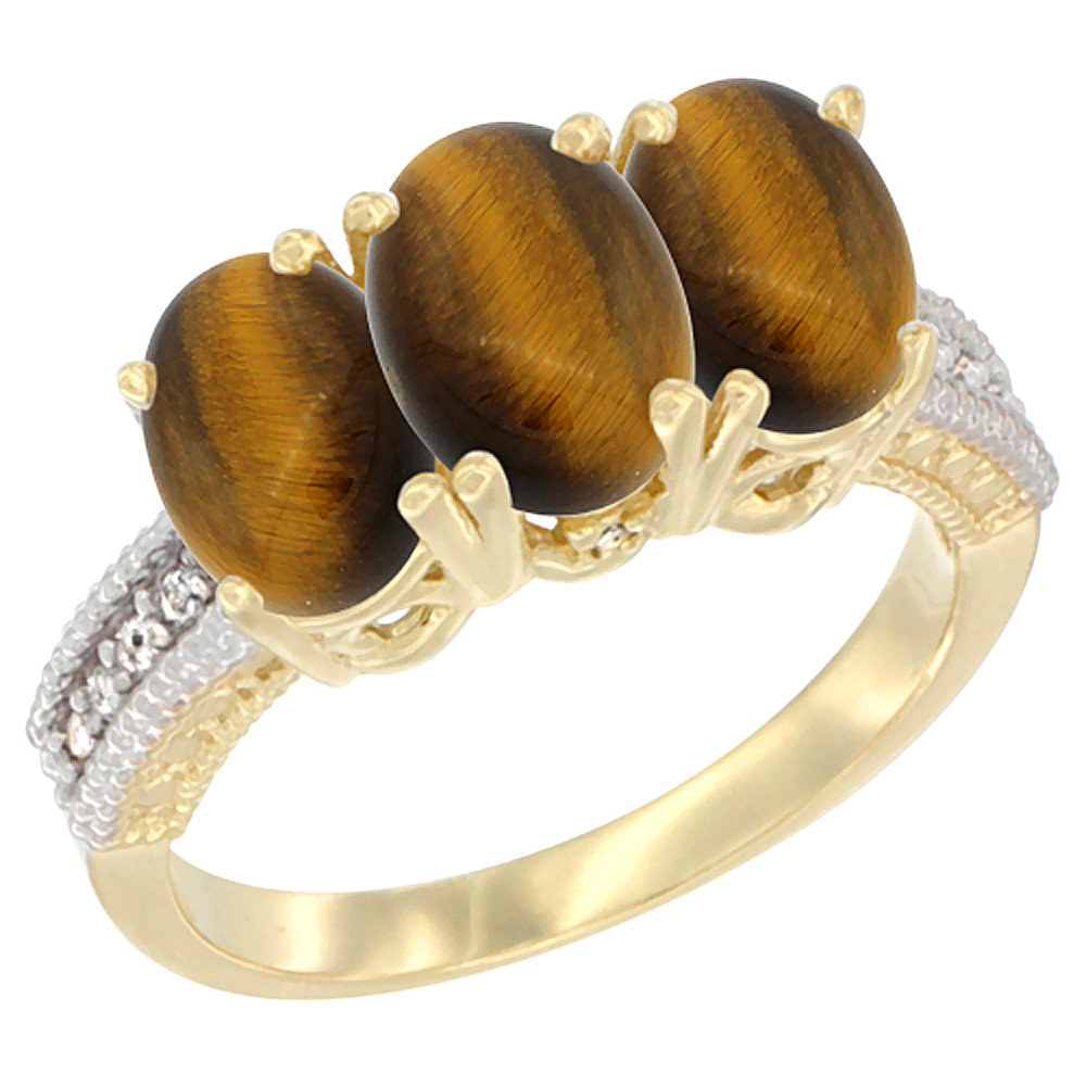 14K Yellow Gold Natural Tiger Eye Ring 3-Stone 7x5 mm Oval Diamond Accent, sizes 5 - 10