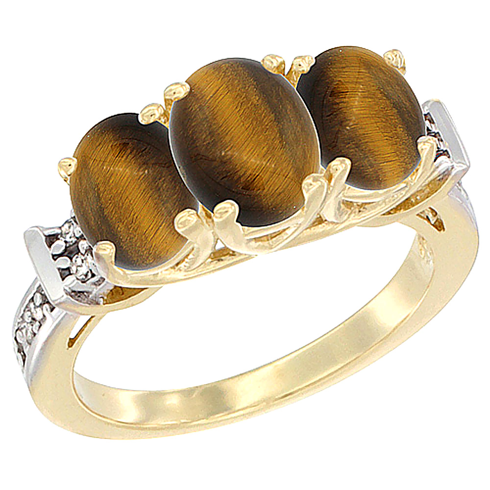 10K Yellow Gold Natural Tiger Eye Ring 3-Stone Oval Diamond Accent, sizes 5 - 10