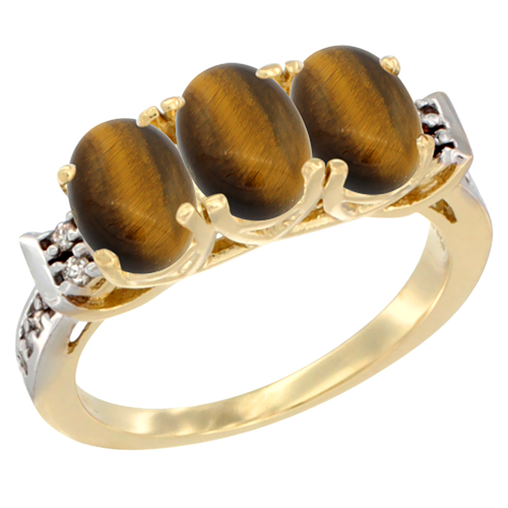 14K Yellow Gold Natural Tiger Eye Ring 3-Stone Oval 7x5 mm Diamond Accent, sizes 5 - 10