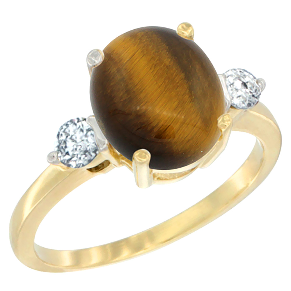 10K Yellow Gold 10x8mm Oval Natural Tiger Eye Ring for Women Diamond Side-stones sizes 5 - 10
