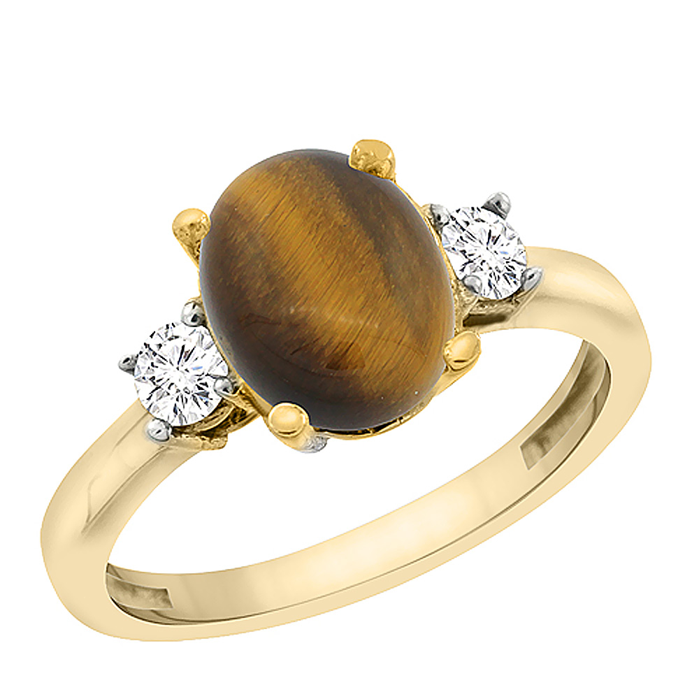 14K Yellow Gold Natural Tiger Eye Engagement Ring Oval 10x8 mm Diamond Sides, sizes 5 - 10