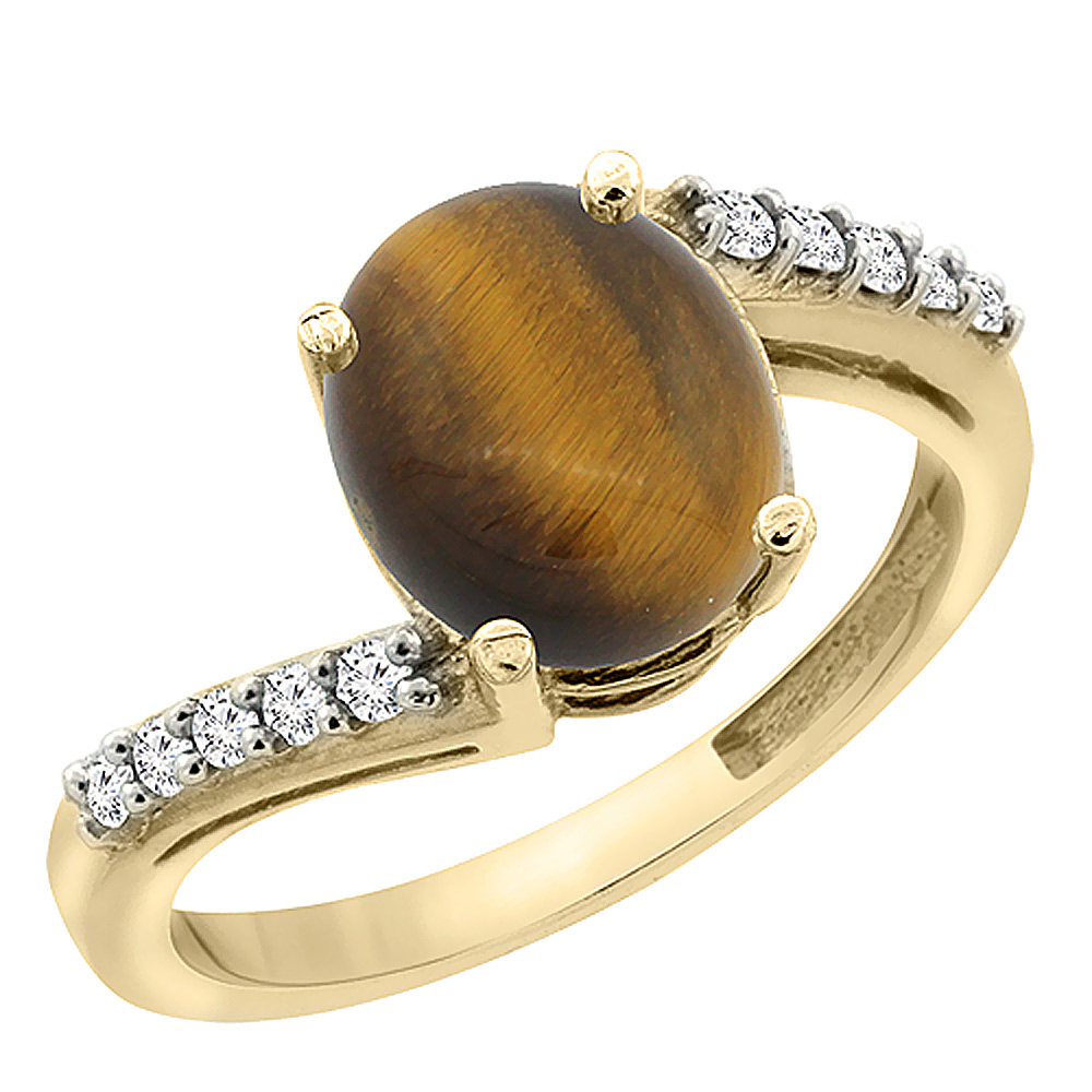 10K Yellow Gold Diamond Natural Tiger Eye Engagement Ring Oval 10x8mm, sizes 5-10