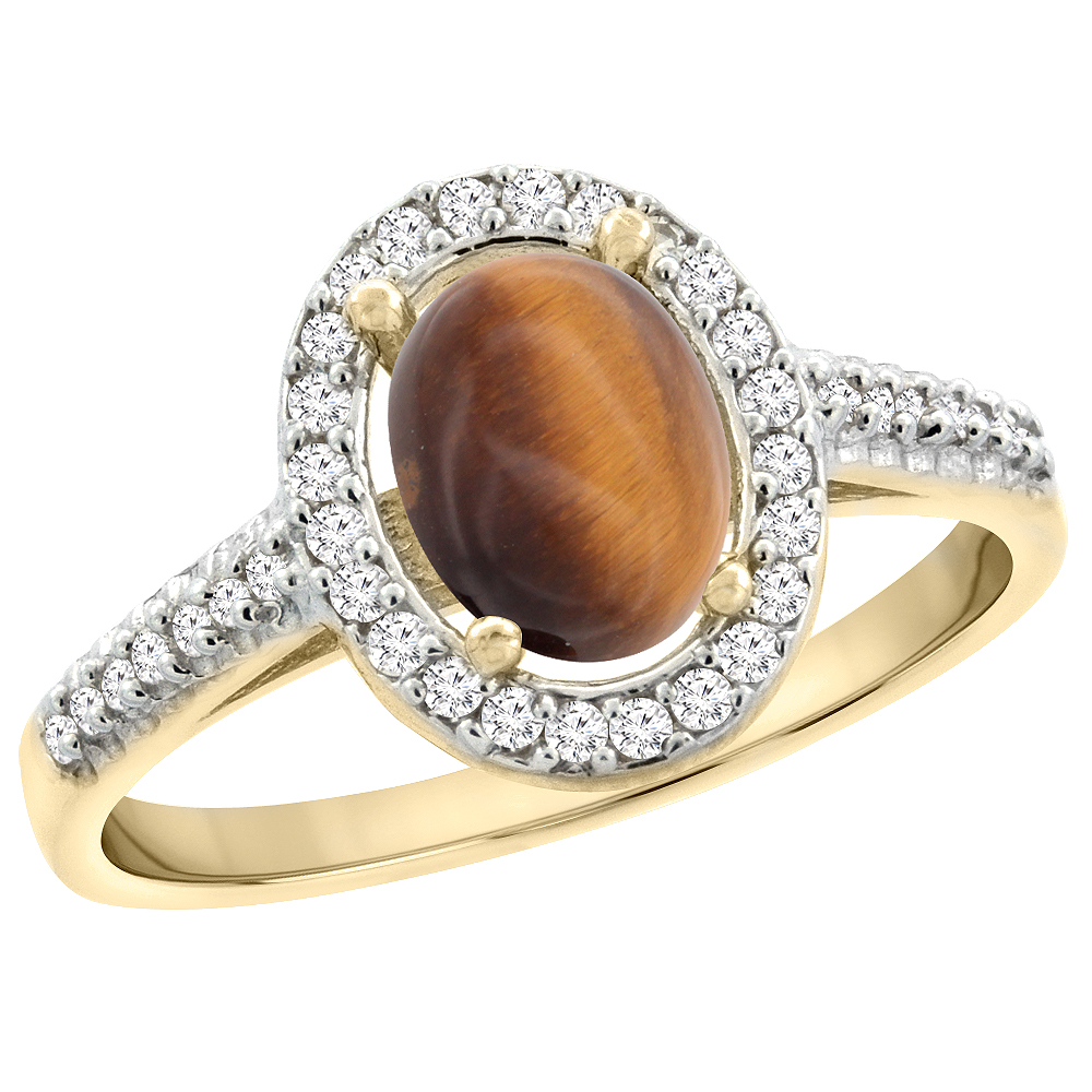 10K Yellow Gold Natural Tiger Eye Engagement Ring Oval 7x5 mm Diamond Halo, sizes 5 - 10