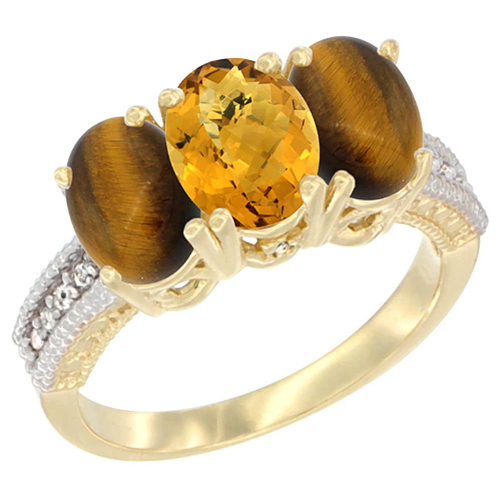 14K Yellow Gold Natural Whisky Quartz & Tiger Eye Sides Ring 3-Stone 7x5 mm Oval Diamond Accent, sizes 5 - 10