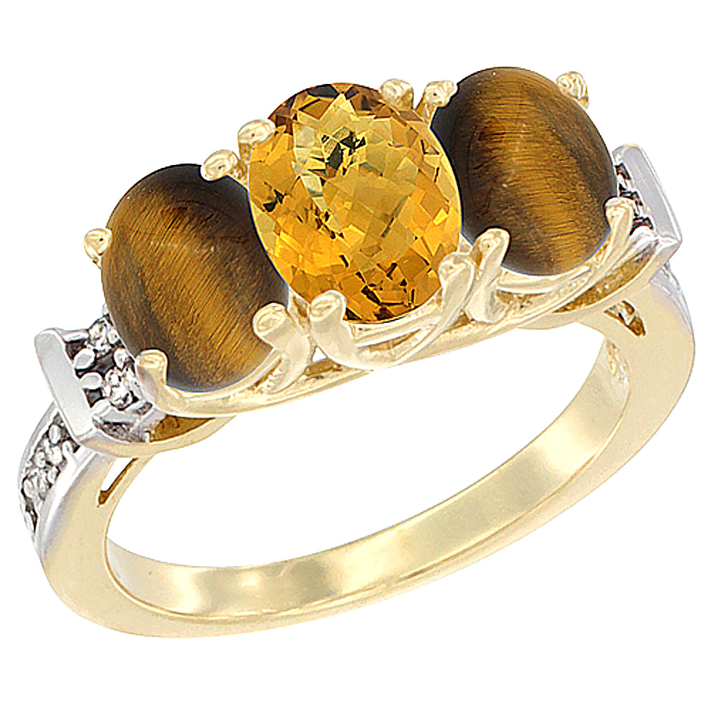 10K Yellow Gold Natural Whisky Quartz &amp; Tiger Eye Sides Ring 3-Stone Oval Diamond Accent, sizes 5 - 10