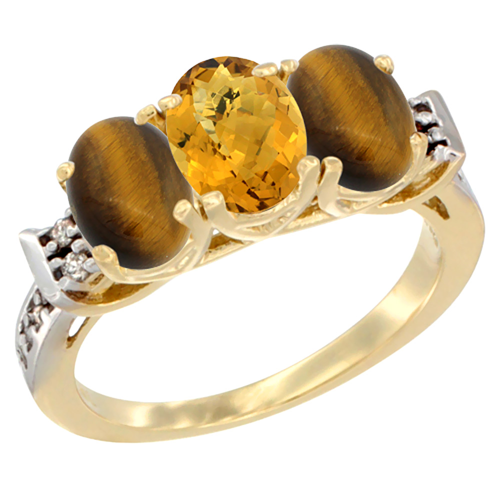 14K Yellow Gold Natural Whisky Quartz &amp; Tiger Eye Sides Ring 3-Stone Oval 7x5 mm Diamond Accent, sizes 5 - 10