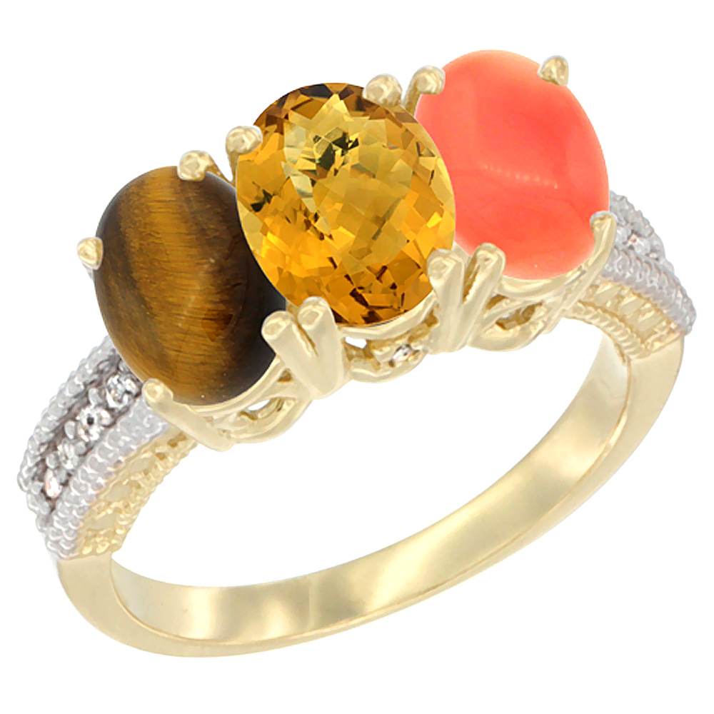 10K Yellow Gold Diamond Natural Tiger Eye, Whisky Quartz &amp; Coral Ring 3-Stone 7x5 mm Oval, sizes 5 - 10