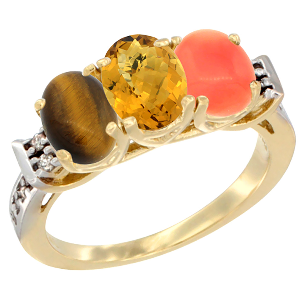 10K Yellow Gold Natural Tiger Eye, Whisky Quartz &amp; Coral Ring 3-Stone Oval 7x5 mm Diamond Accent, sizes 5 - 10