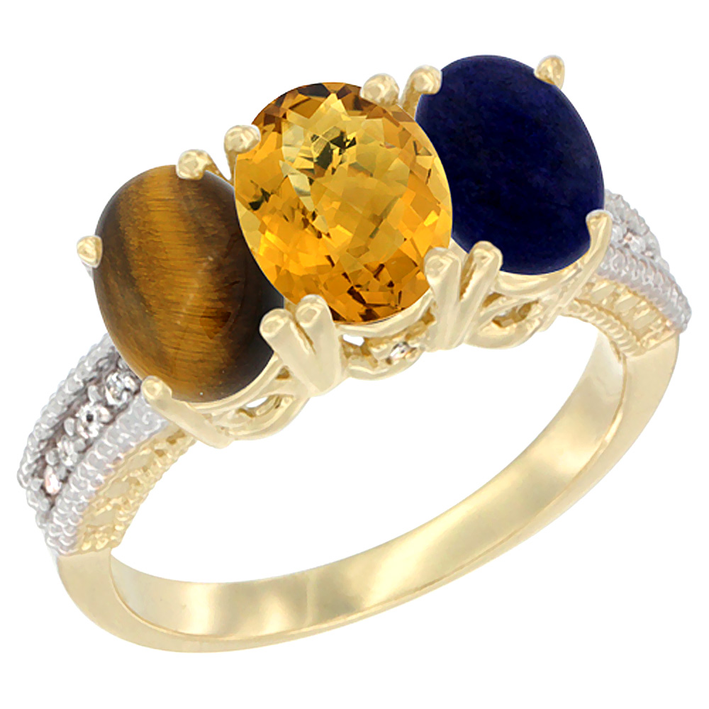 10K Yellow Gold Diamond Natural Tiger Eye, Whisky Quartz & Lapis Ring 3-Stone 7x5 mm Oval, sizes 5 - 10