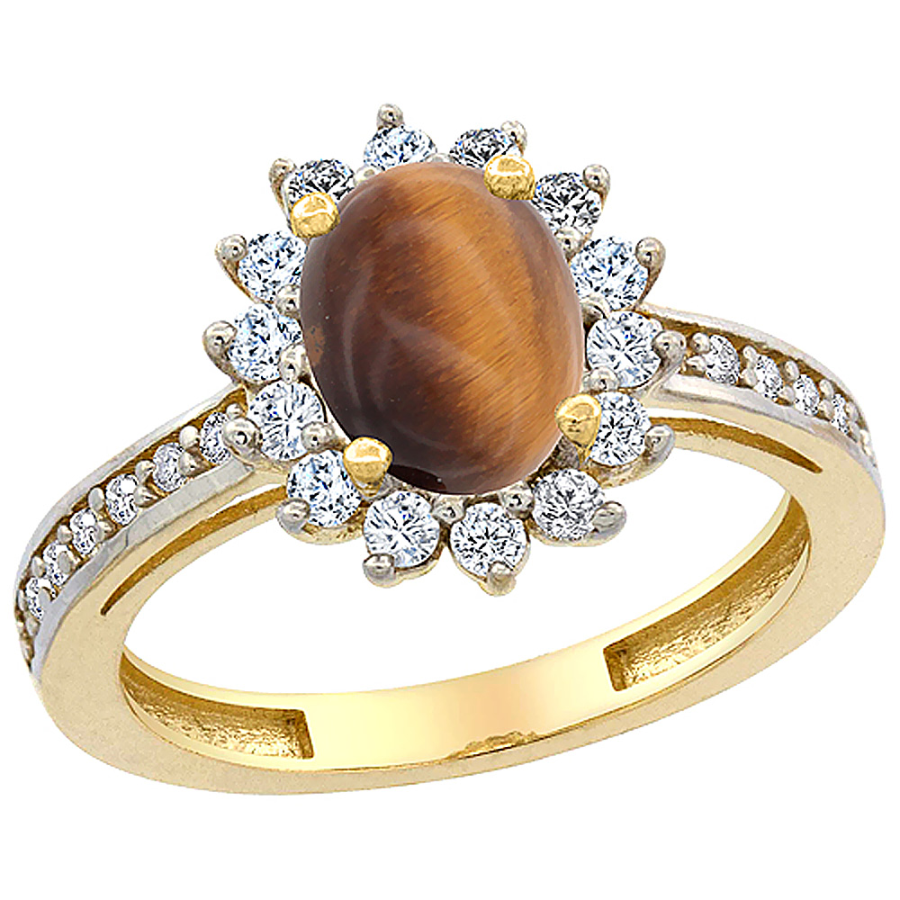 14K Yellow Gold Natural Tiger Eye Floral Halo Ring Oval 8x6mm Diamond Accents, sizes 5 - 10