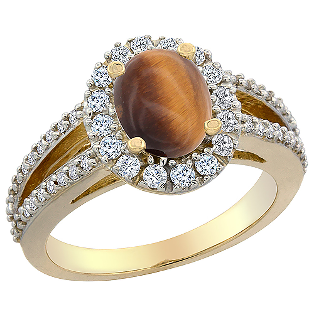 14K Yellow Gold Natural Tiger Eye Halo Ring Oval 8x6 mm with Diamond Accents, sizes 5 - 10