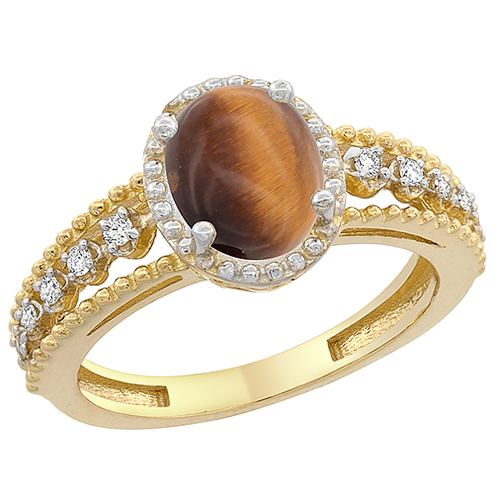 14K Yellow Gold Natural Tiger Eye Ring Oval 8x6 mm Floating Diamond Accents, sizes 5 - 10