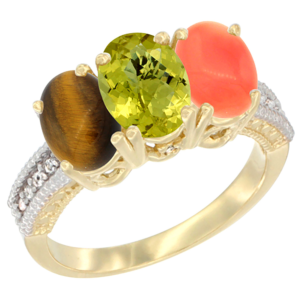 10K Yellow Gold Diamond Natural Tiger Eye, Lemon Quartz &amp; Coral Ring 3-Stone 7x5 mm Oval, sizes 5 - 10
