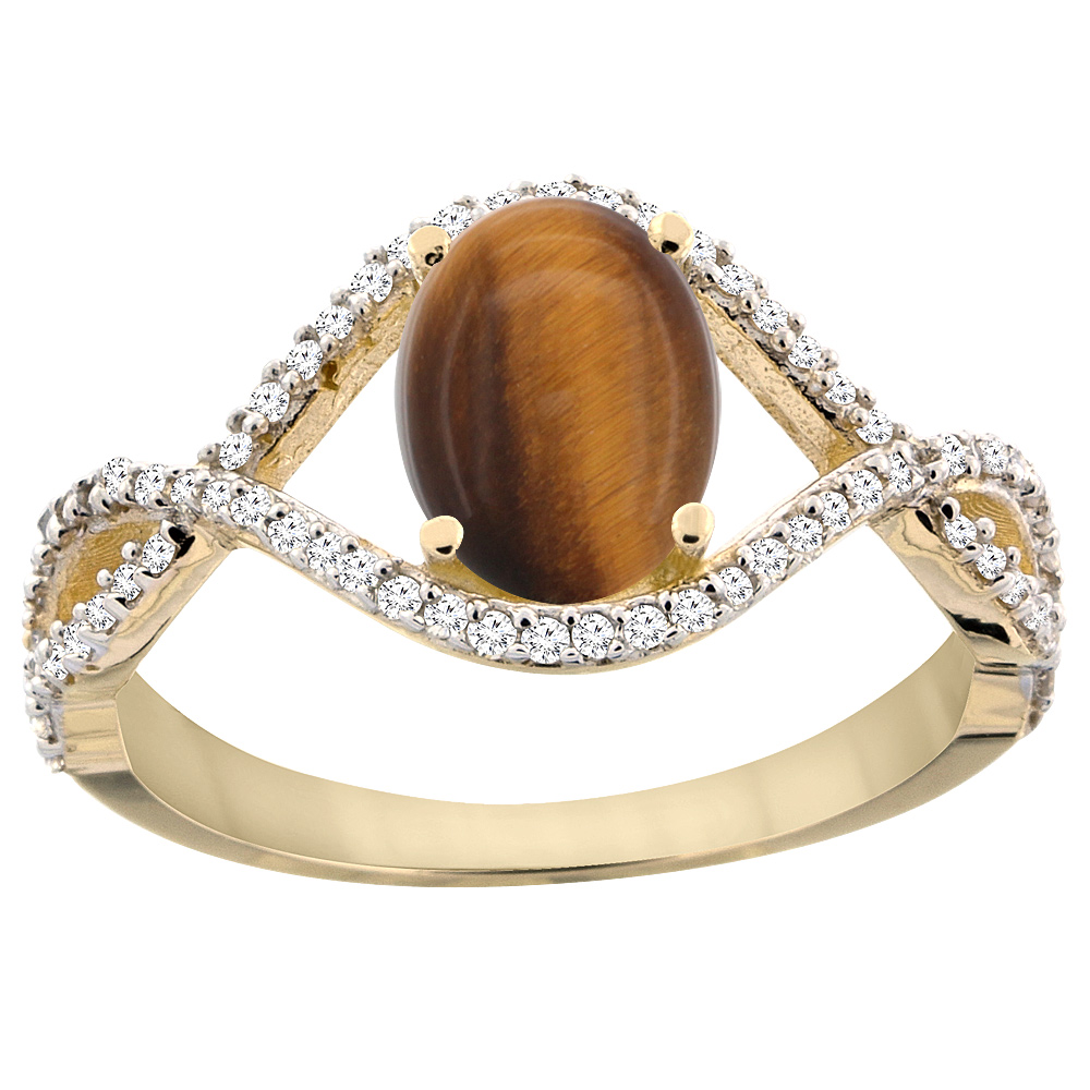 14K Yellow Gold Natural Tiger Eye Ring Oval 8x6 mm Infinity Diamond Accents, sizes 5 - 10