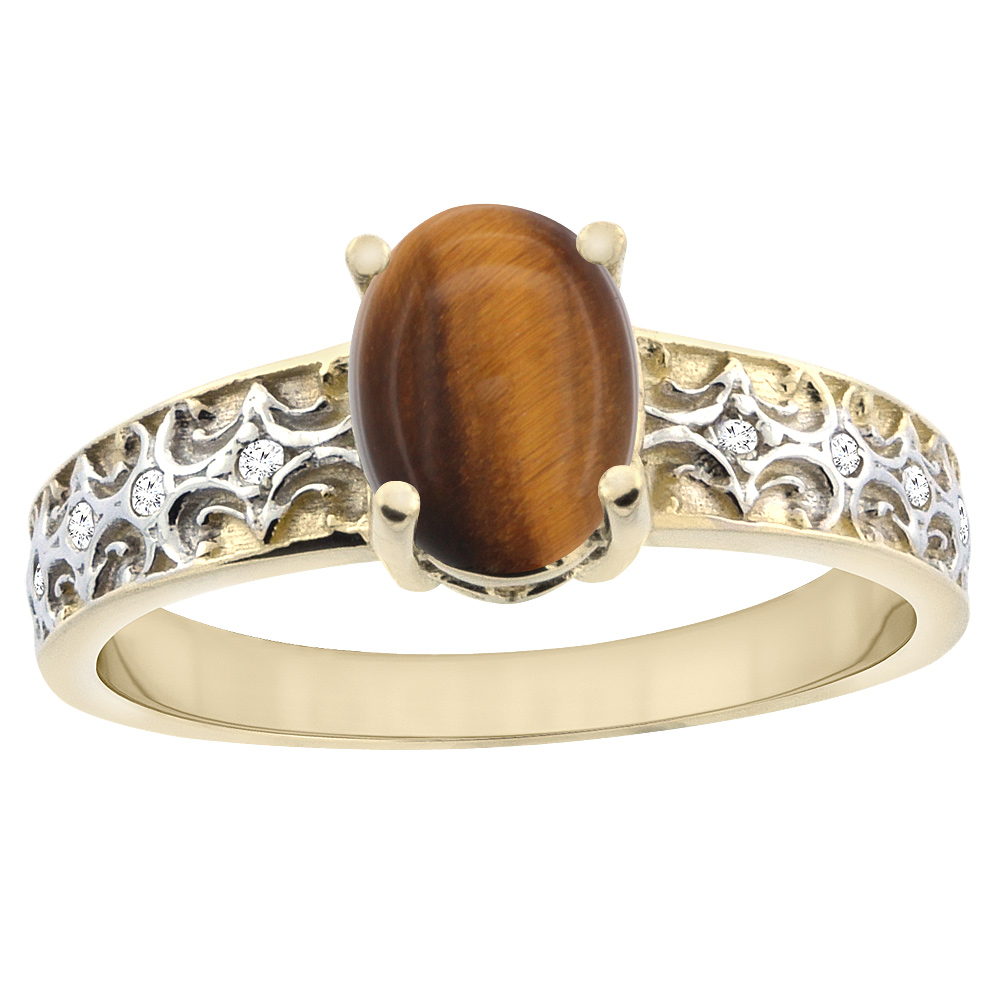 10K Yellow Gold Natural Tiger Eye Ring Oval 8x6 mm Diamond Accents, sizes 5 - 10