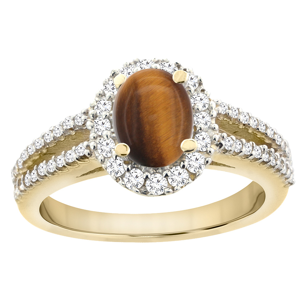 14K Yellow Gold Natural Tiger Eye Split Shank Halo Engagement Ring Oval 7x5 mm, sizes 5 - 10