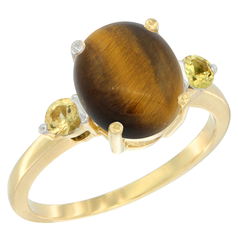 14K Yellow Gold 10x8mm Oval Natural Tiger Eye Ring for Women Yellow Sapphire Side-stones sizes 5 - 10