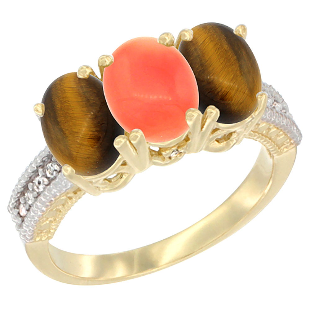 14K Yellow Gold Natural Coral &amp; Tiger Eye Sides Ring 3-Stone 7x5 mm Oval Diamond Accent, sizes 5 - 10