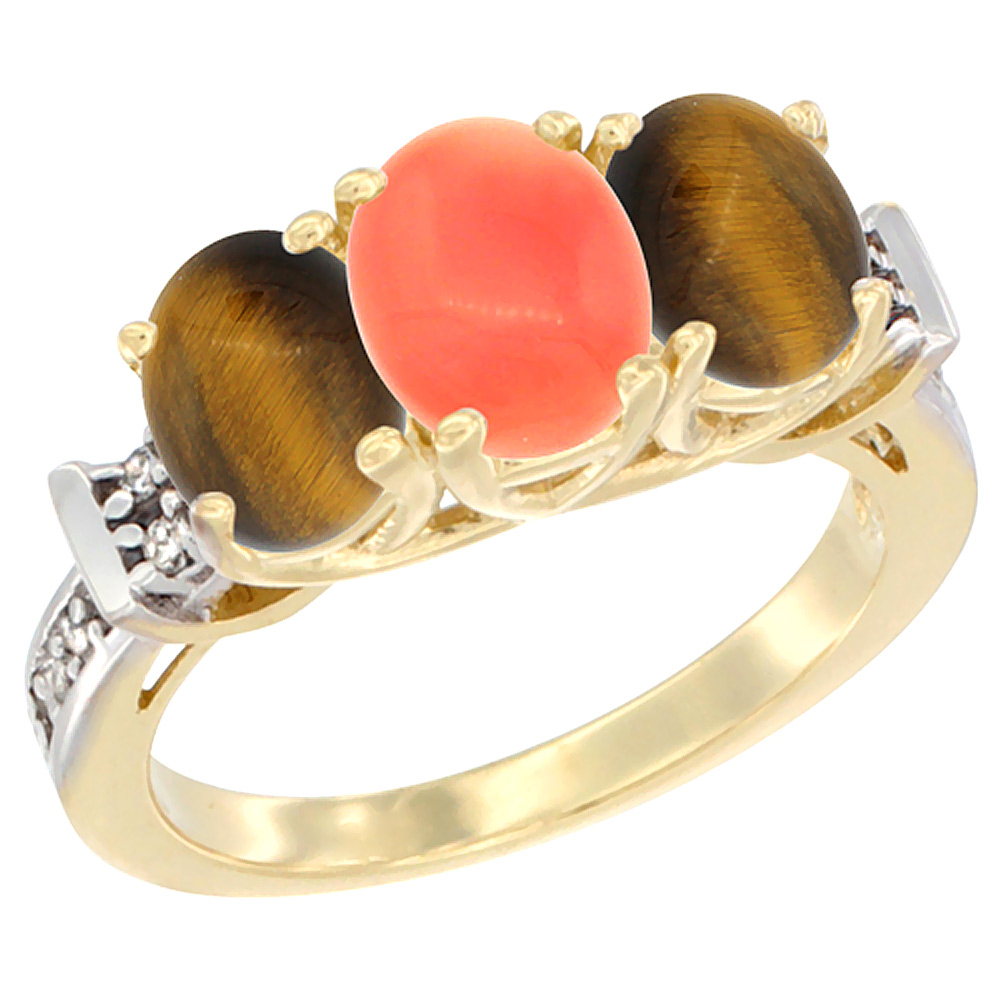 14K Yellow Gold Natural Coral &amp; Tiger Eye Sides Ring 3-Stone Oval Diamond Accent, sizes 5 - 10