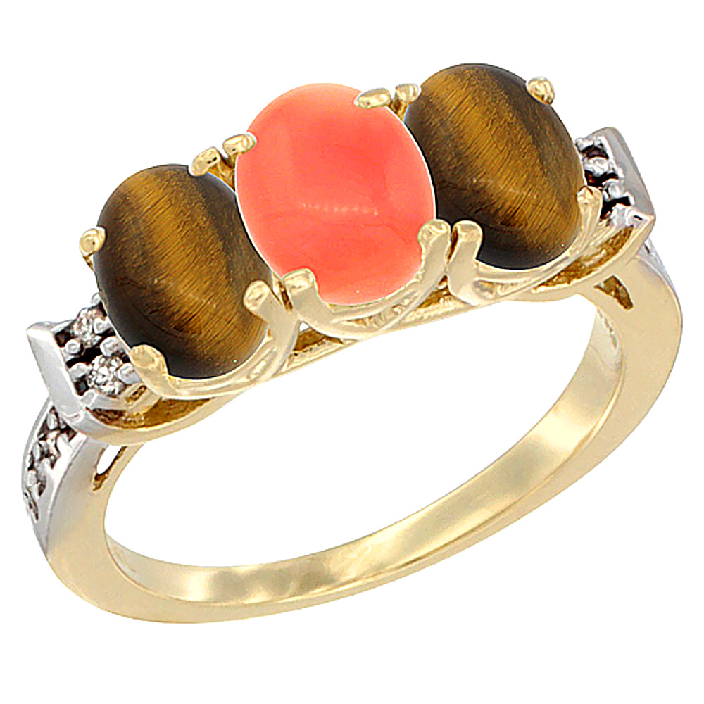 14K Yellow Gold Natural Coral &amp; Tiger Eye Sides Ring 3-Stone Oval 7x5 mm Diamond Accent, sizes 5 - 10