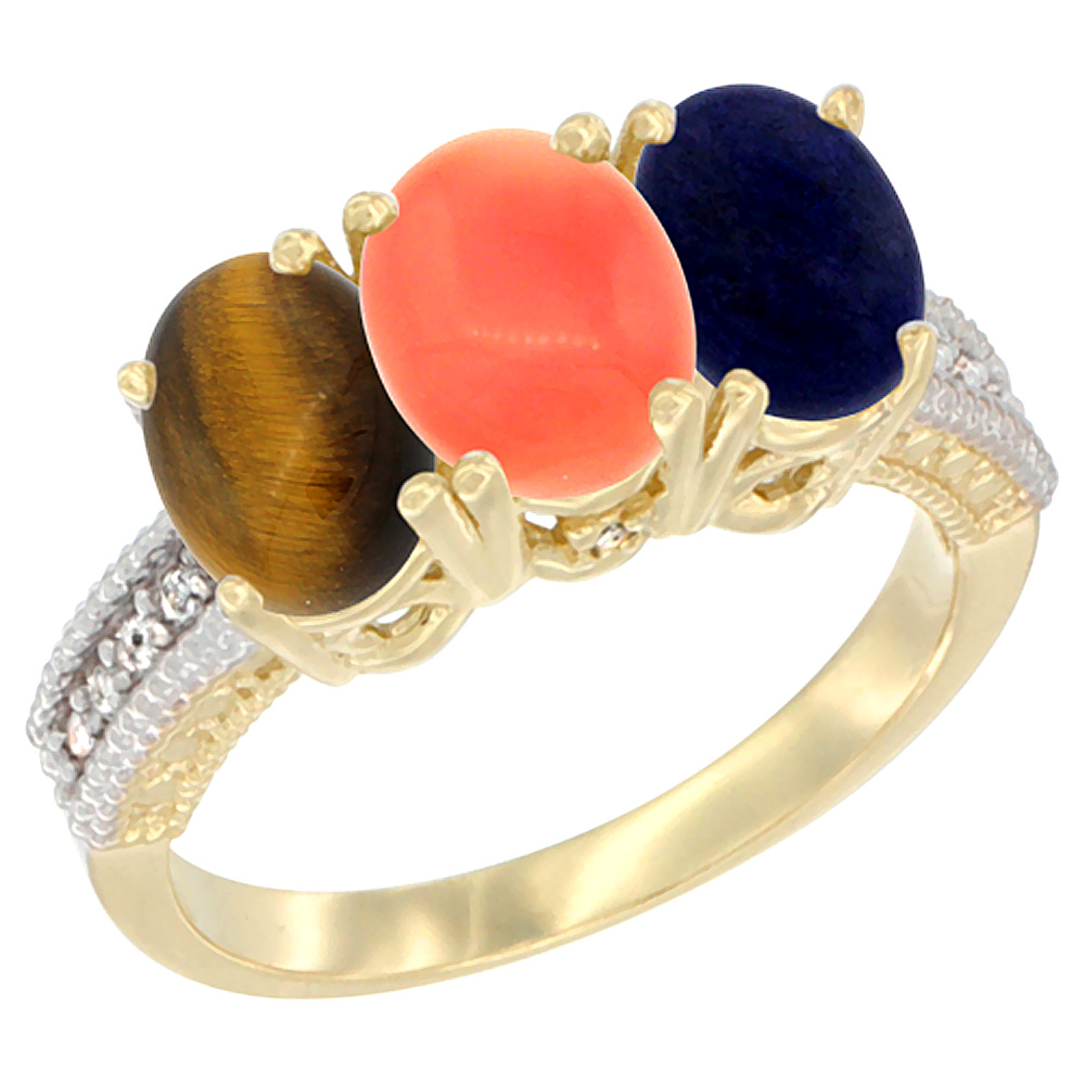 14K Yellow Gold Natural Tiger Eye, Coral & Lapis Ring 3-Stone 7x5 mm Oval Diamond Accent, sizes 5 - 10