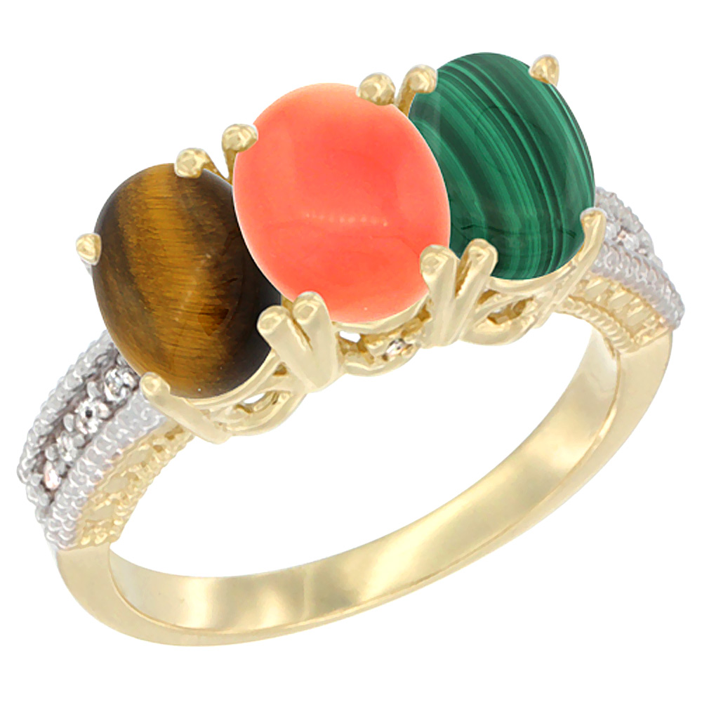 14K Yellow Gold Natural Tiger Eye, Coral & Malachite Ring 3-Stone 7x5 mm Oval Diamond Accent, sizes 5 - 10