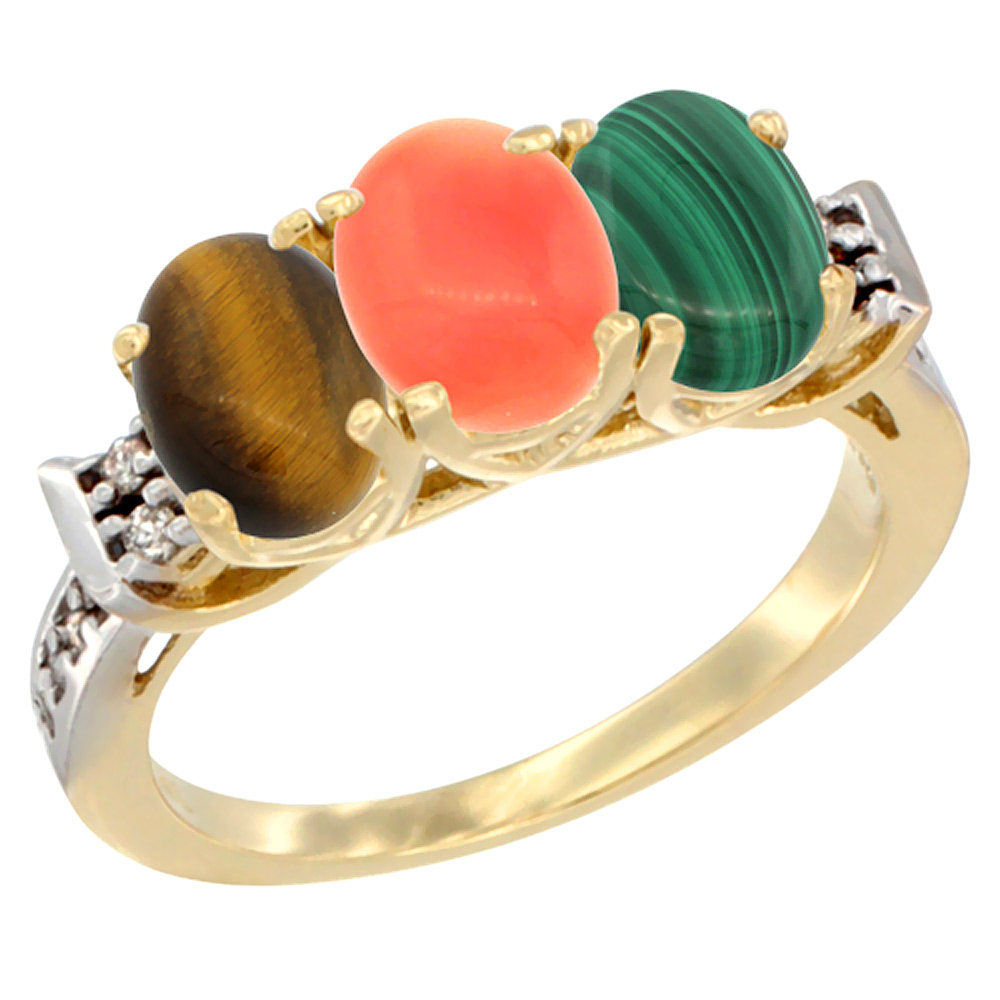 14K Yellow Gold Natural Tiger Eye, Coral &amp; Malachite Ring 3-Stone Oval 7x5 mm Diamond Accent, sizes 5 - 10