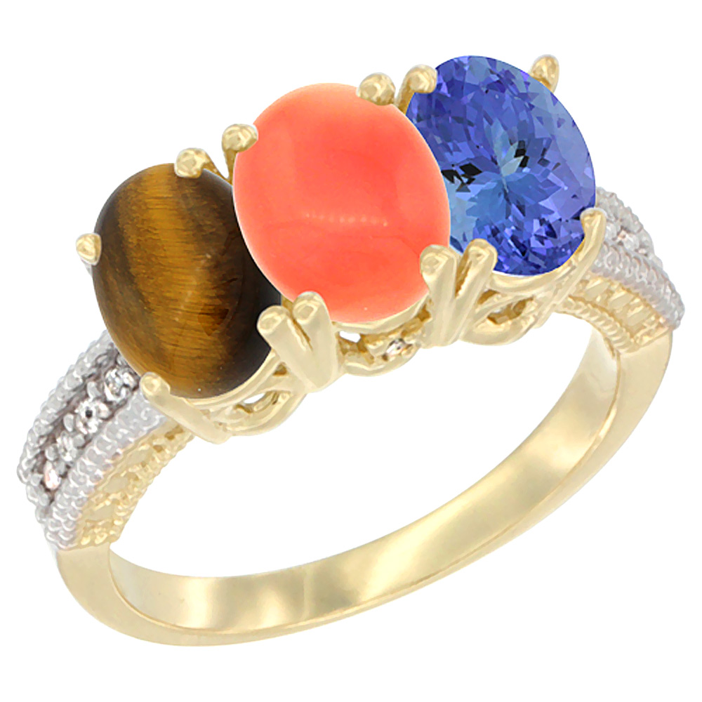 14K Yellow Gold Natural Tiger Eye, Coral &amp; Tanzanite Ring 3-Stone 7x5 mm Oval Diamond Accent, sizes 5 - 10