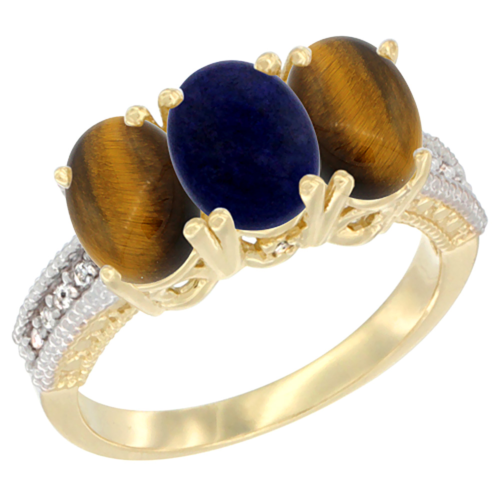 14K Yellow Gold Natural Lapis &amp; Tiger Eye Sides Ring 3-Stone 7x5 mm Oval Diamond Accent, sizes 5 - 10
