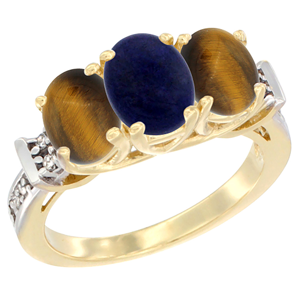 14K Yellow Gold Natural Lapis &amp; Tiger Eye Sides Ring 3-Stone Oval Diamond Accent, sizes 5 - 10