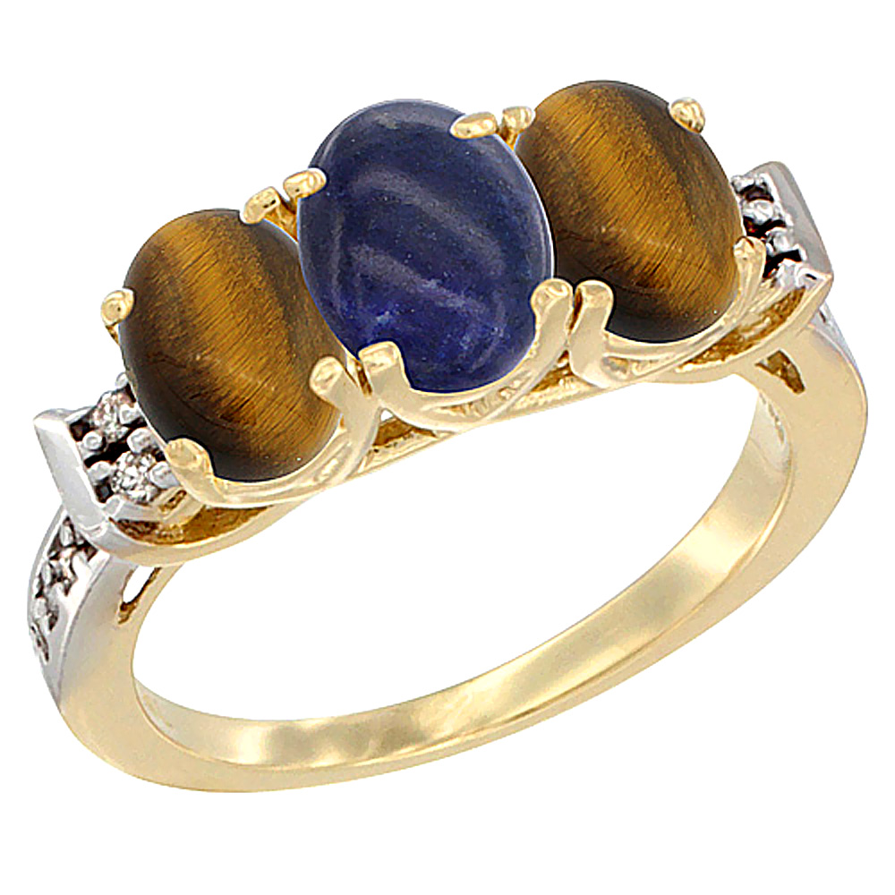 14K Yellow Gold Natural Lapis &amp; Tiger Eye Sides Ring 3-Stone Oval 7x5 mm Diamond Accent, sizes 5 - 10