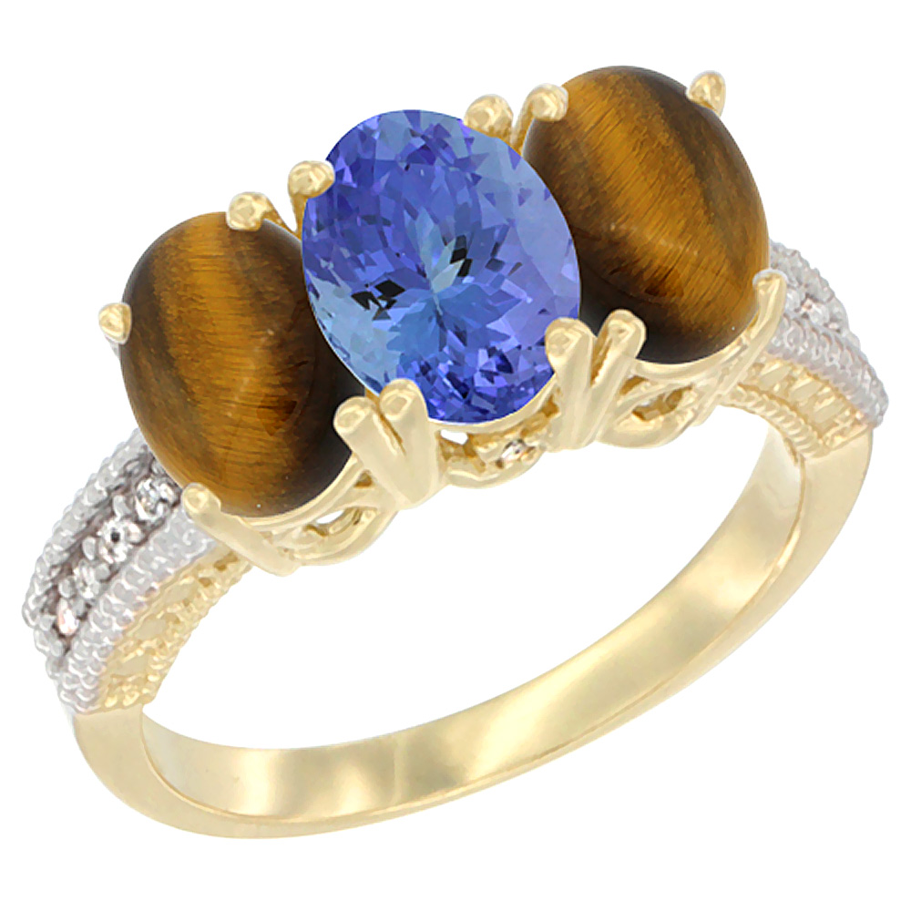 14K Yellow Gold Natural Tanzanite Ring with Tiger Eye 3-Stone 7x5 mm Oval Diamond Accent, sizes 5 - 10