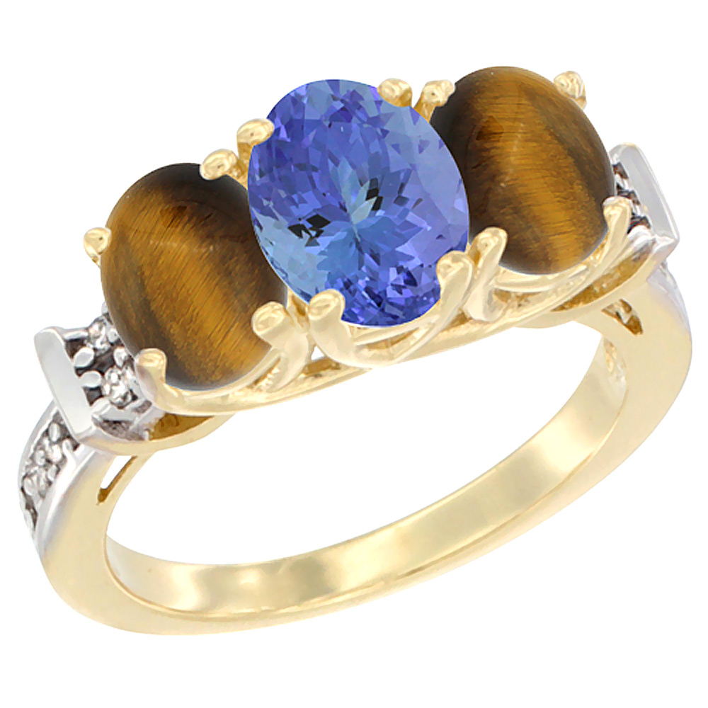 14K Yellow Gold Natural Tanzanite &amp; Tiger Eye Sides Ring 3-Stone Oval Diamond Accent, sizes 5 - 10