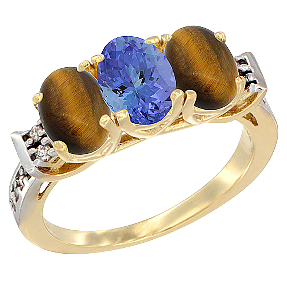 10K Yellow Gold Natural Tanzanite &amp; Tiger Eye Sides Ring 3-Stone Oval 7x5 mm Diamond Accent, sizes 5 - 10