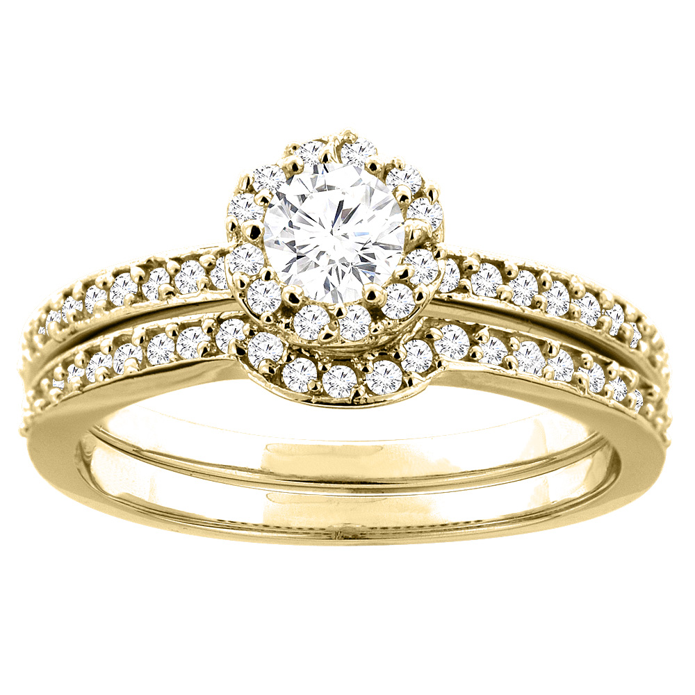 10K Yellow Gold 0.61 ct Round Diamond Halo 2-pc Bridal Ring Set, sizes 5 - 10