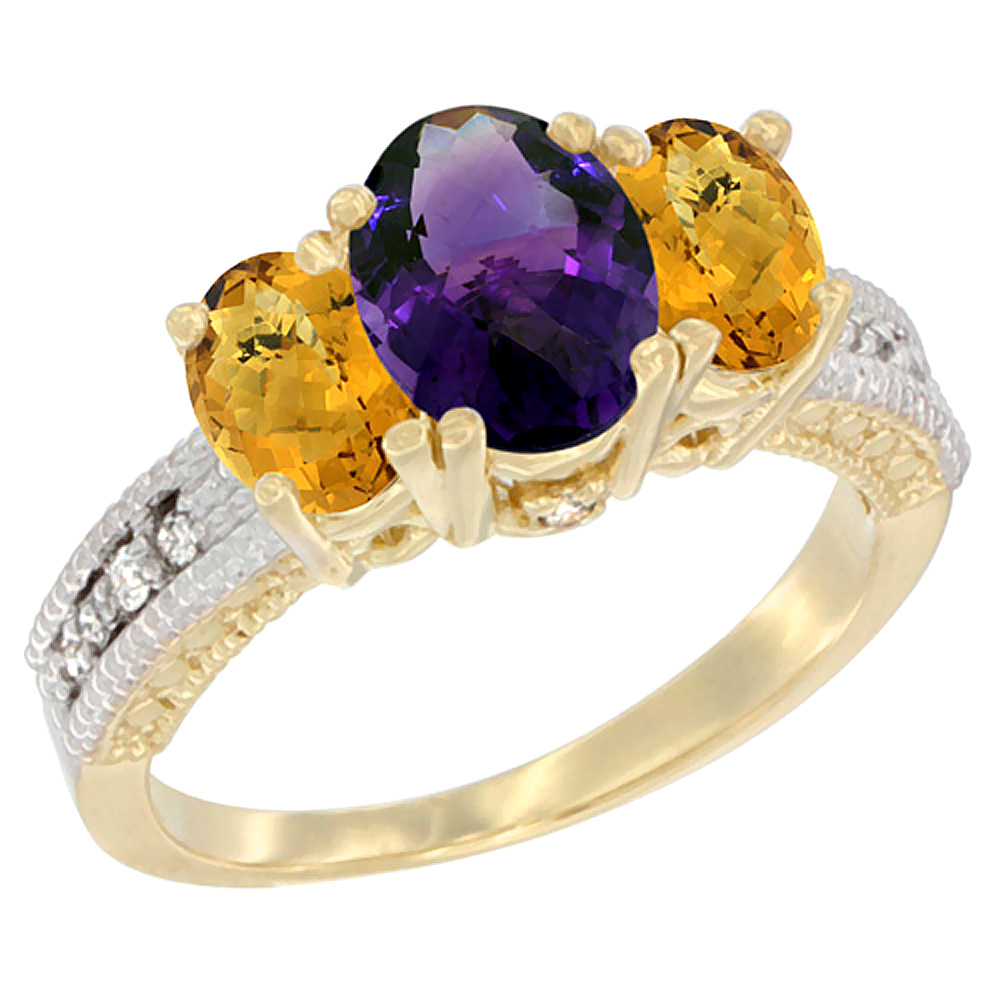 10K Yellow Gold Diamond Natural Amethyst Ring Oval 3-stone with Whisky Quartz, sizes 5 - 10