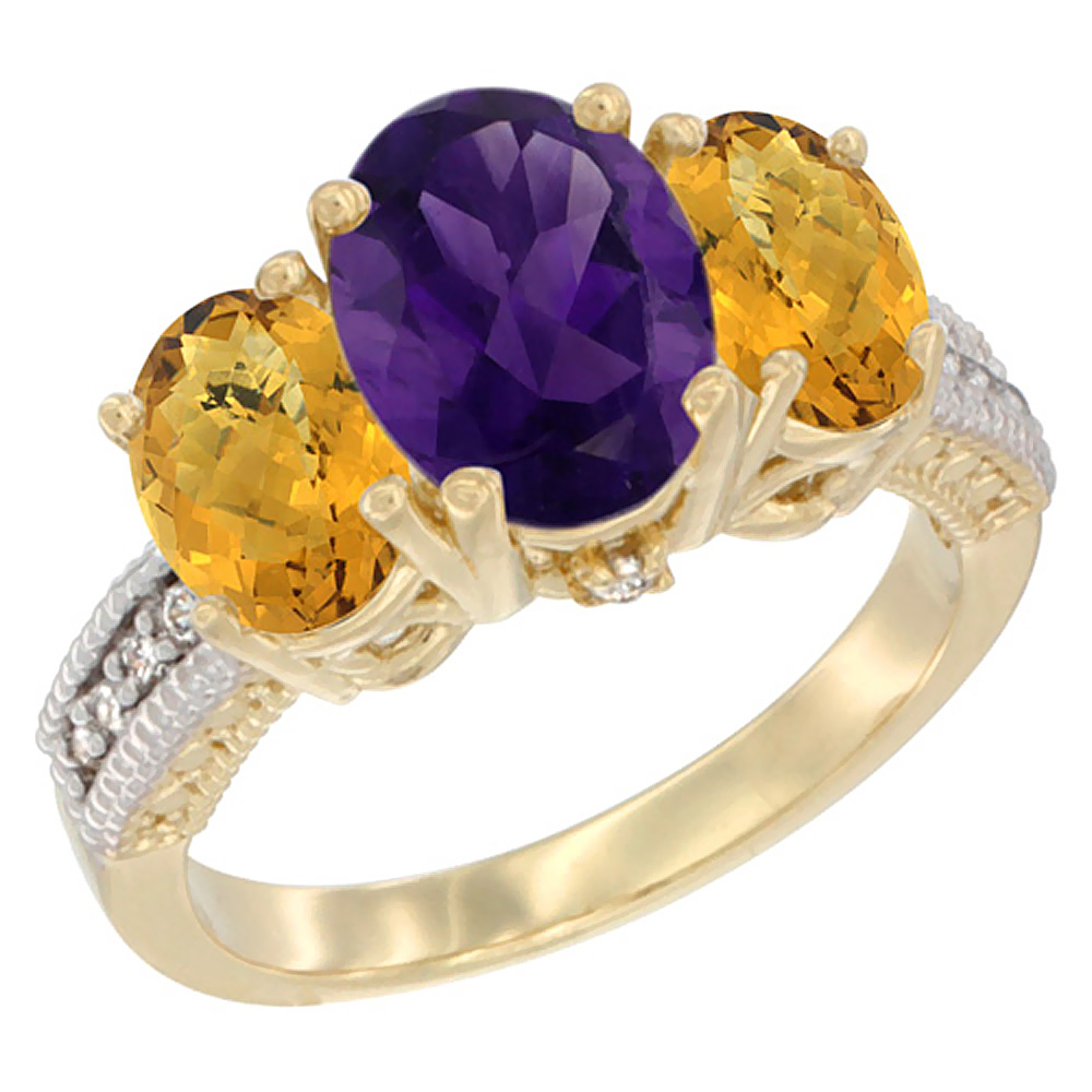 14K Yellow Gold Diamond Natural Amethyst Ring 3-Stone Oval 8x6mm with Whisky Quartz, sizes5-10