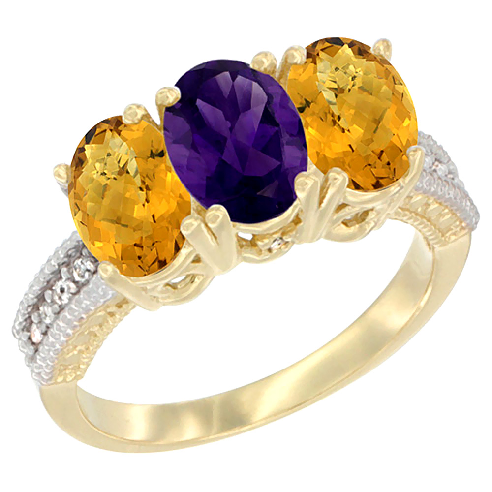 14K Yellow Gold Natural Amethyst Ring with Whisky Quartz 3-Stone 7x5 mm Oval Diamond Accent, sizes 5 - 10